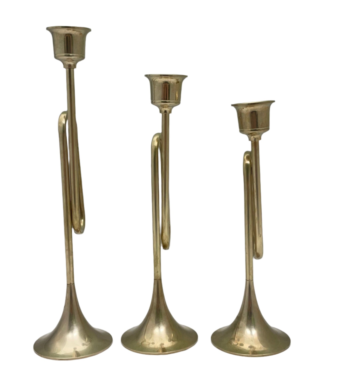 Set of 3 Vintage Brass Trumpet Candle Stick Holders