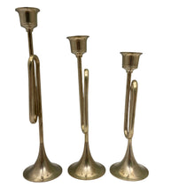 Load image into Gallery viewer, Set of 3 Vintage Brass Trumpet Candle Stick Holders

