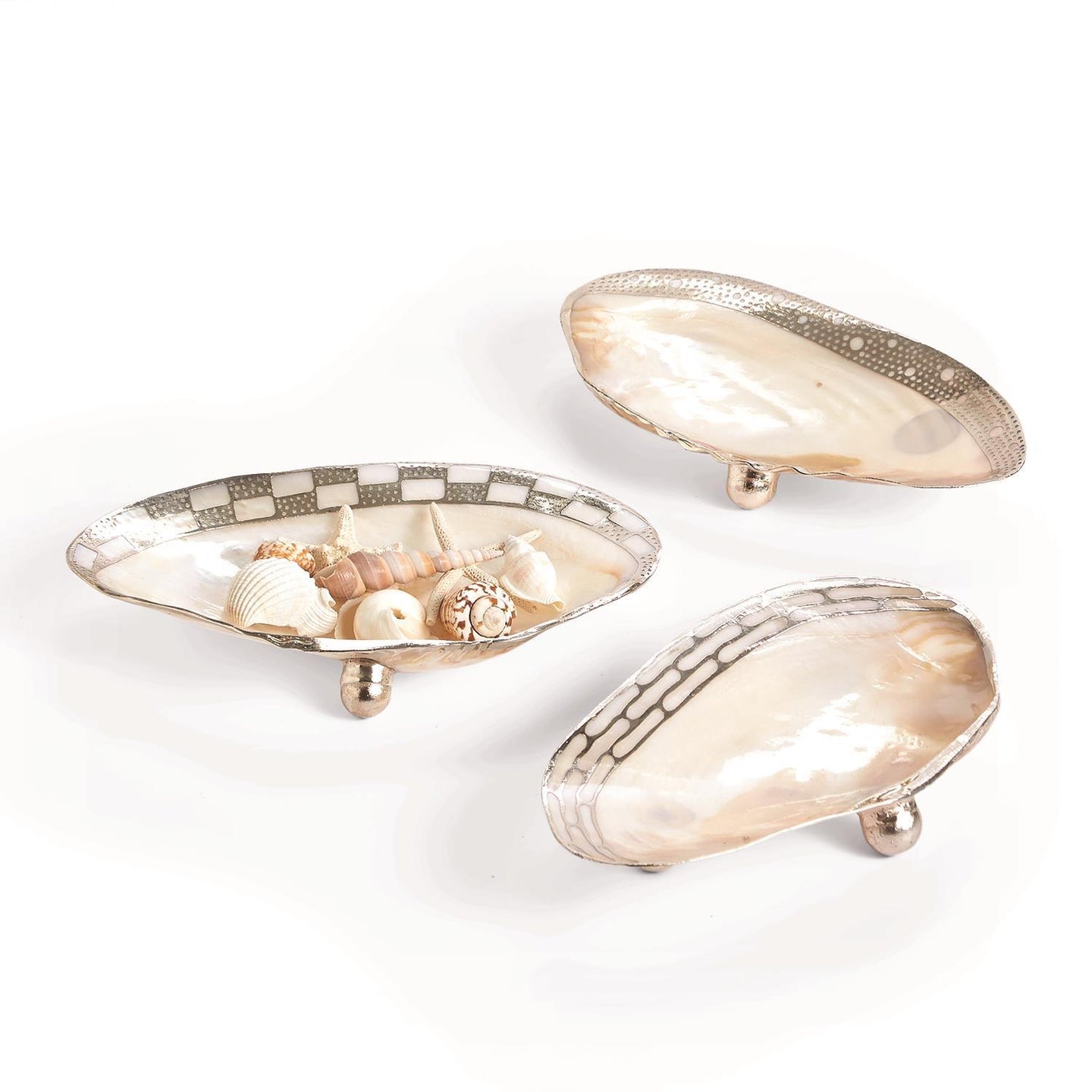 Two's Company Ornamented Cabebe Shell Footed Dish with Silver Plated Trim