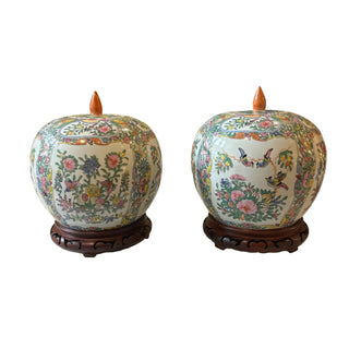 Pair Vintage Famille Rose Ginger Jars with Wood Stands