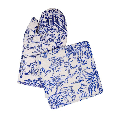 Caspari Pagoda Toile Blue and White Fabric Oven Mitt/Pot Holder Set