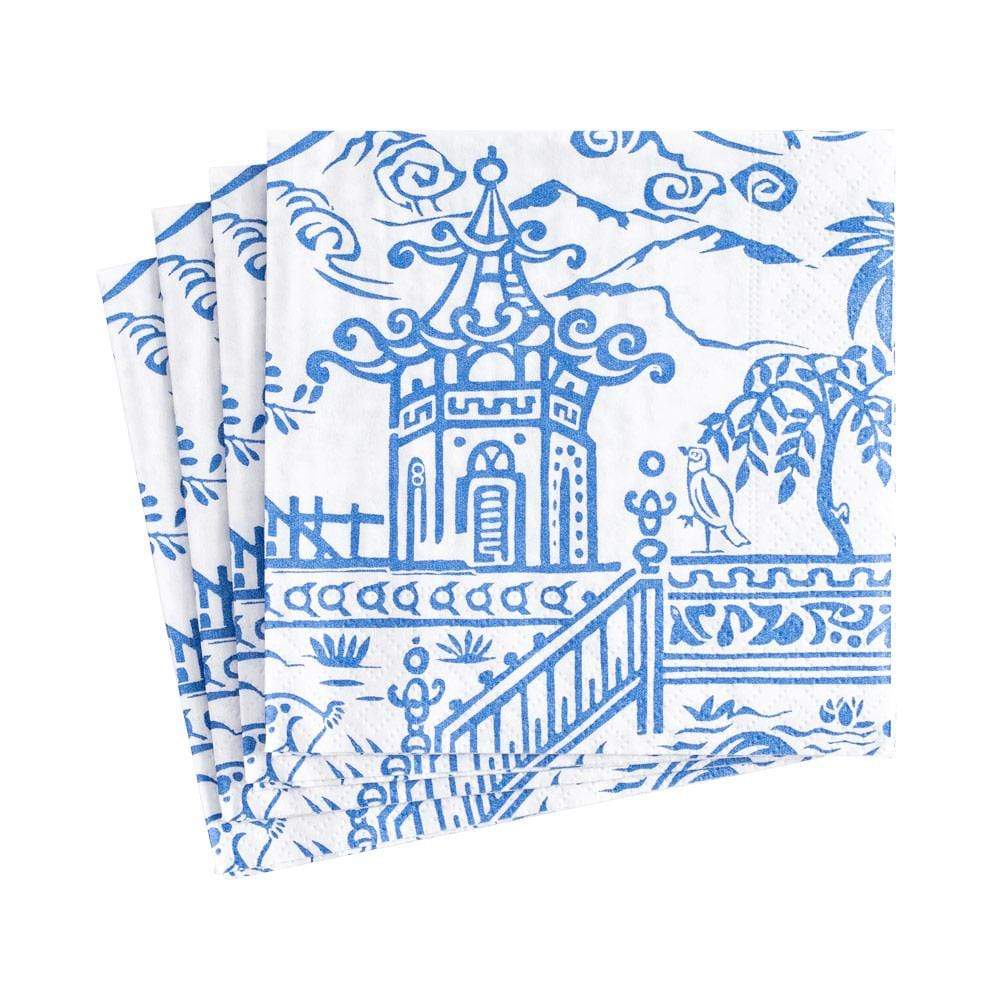 Chinoiserie Toile Pagoda Boxed Cocktail Napkins in Blue - 40 Per Box