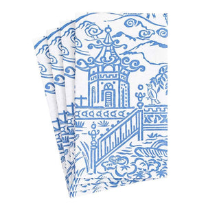 Pagoda Toile Paper Linen Guest Towel Napkins in Blue - 12 Per Package