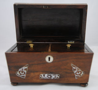 Antique Rosewood and Mother of Pearl Inlay with Bun Feet and Sarcophagus Form - Chestnut Lane Antiques & Interiors - 2