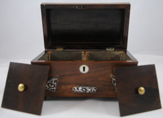 Antique Rosewood and Mother of Pearl Inlay with Bun Feet and Sarcophagus Form - Chestnut Lane Antiques & Interiors - 3