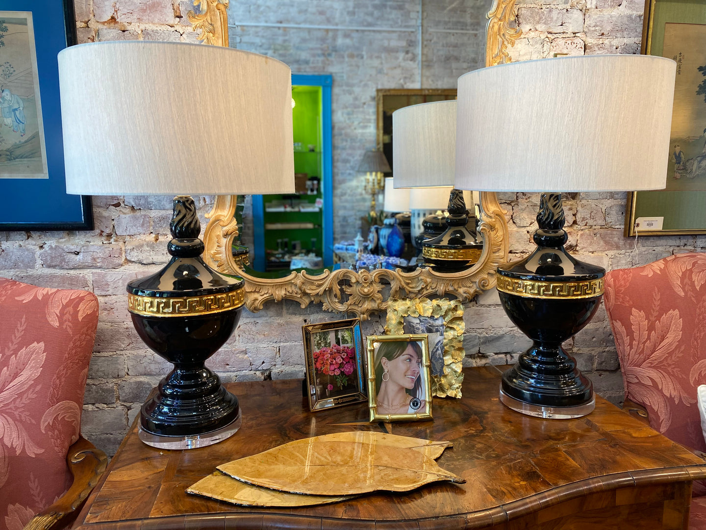 Pair of Fredrick Cooper Lamps with Greek Key and Luctie Base