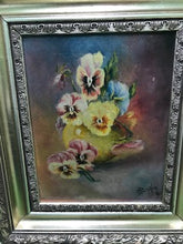 Load image into Gallery viewer, Antique Oil on Canvas Pansies by O. Bonner
