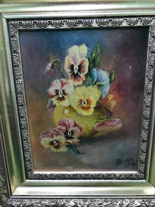 Antique Oil on Canvas Pansies by O. Bonner