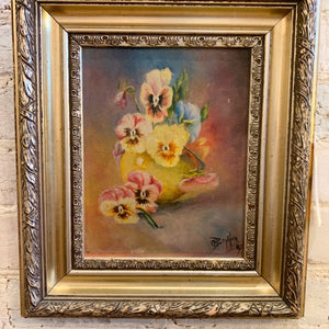 Antique Oil on Canvas Pansies by O. Bonner