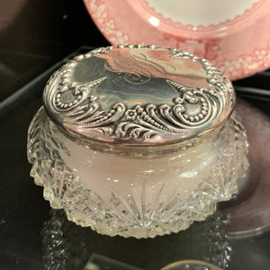 Antique American Sterling Silver And Cut Glass Vanity Jar With Bone and Down Pow