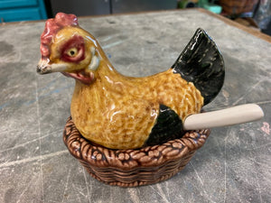 Majolica Hen Rooster Sugar Dish with Spoon