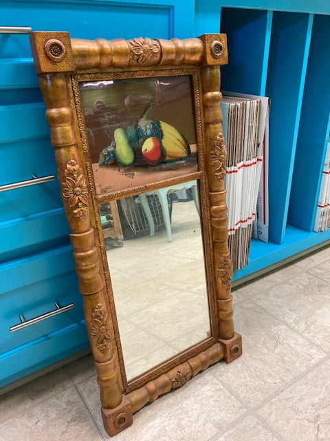 Antique Gilded Wood Wall Mirror with Reverse Painting