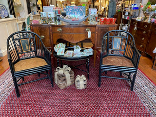 Pair of Vintage Black Rattan Chinoiserie Pavilion Chairs