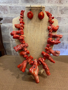 Red Bamboo Coral Necklace and Earring Set