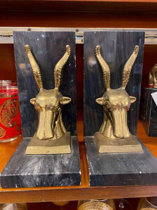 Vintage Pair of Brass and Marble Antelope Book Ends