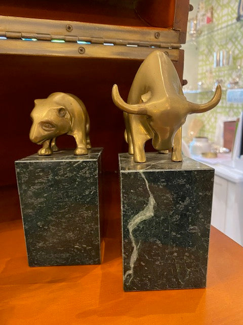 Vintage Bull and Bear Brass and Marble Book Ends Set