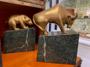 Vintage Bull and Bear Brass and Marble Book Ends Set