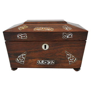Antique Rosewood and Mother of Pearl Inlay with Bun Feet and Sarcophagus Form - Chestnut Lane Antiques & Interiors - 1