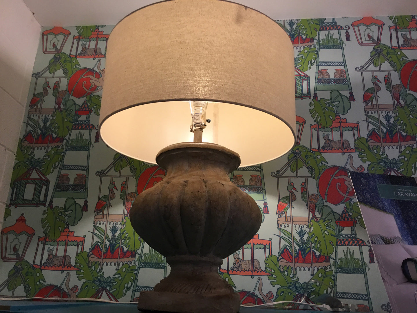 Contemporary Chunky Beige Lamp with Drum Shade (Pair) - Chestnut Lane Antiques & Interiors
