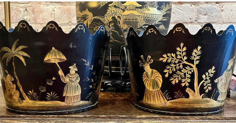 Pair of Vintage Black and Gold Tole Cachepots