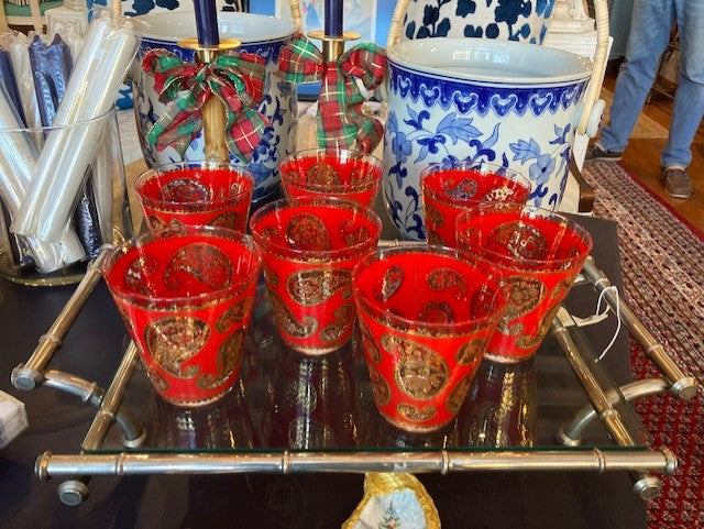 Set of 7 Vintage Culver Red Paisley with Gold Overlay Cocktail Glasses